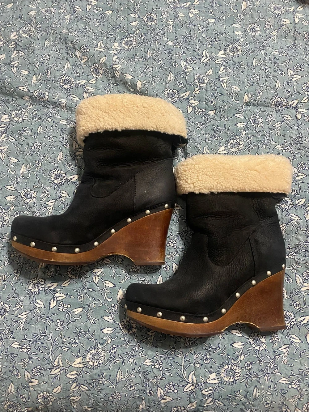 UGG Black Leather Wedge Clogs with Tan Wood Platform and Cream Shearling Cuff
